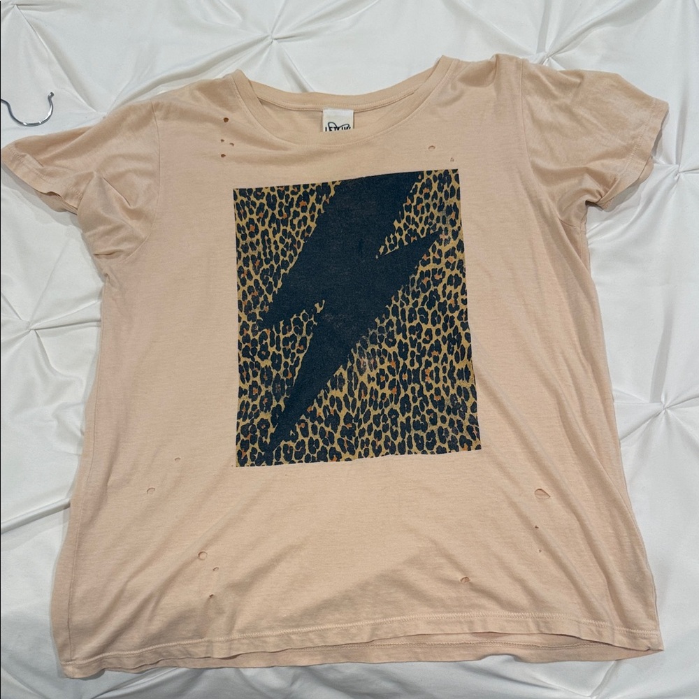 Beige Graphic LetLuv T-Shirt with Leopard Print Lightning Bolt